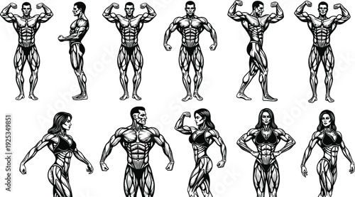 Muscular anatomy of men and women in various poses bodybuilding 1