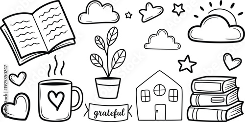 Grateful cozy lifestyle silhouette vector illustration set, mindfulness icons with home elements, decorative graphics, wellness motifs