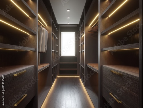 A walk in closet with a window and shelves