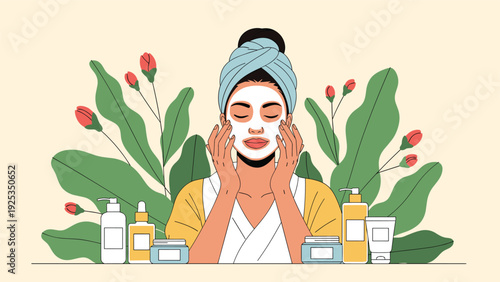 Woman with a towel on her head applying a white clay face mask, surrounded by skincare products and lush green leaves.