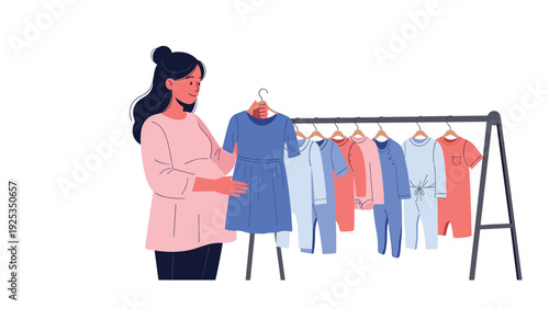 Expectant mother-to-be happily looking through a rack of colorful clothes, choosing a blue dress for her future child.