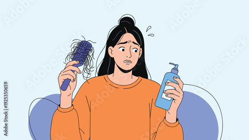 Stressed and worried young woman experiencing hair loss, holding a hairbrush full of fallen hair and a bottle of shampoo.