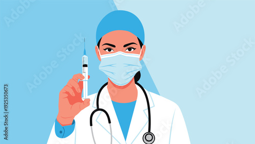 Female doctor or nurse wearing a surgical mask and cap, holding a syringe ready for a vaccination or medical injection.
