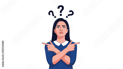 Confused young woman pointing in opposite directions, with question marks above her head, symbolizing dilemma, choice, and uncertainty.