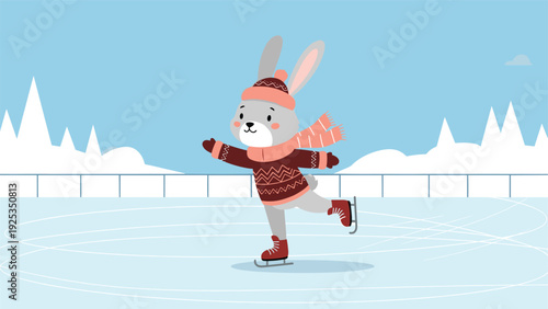 Adorable cartoon rabbit wearing a cozy winter sweater, hat, and scarf, gracefully ice skating on a frozen rink in a snowy landscape.