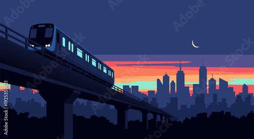 Vector illustration of a modern metro train traveling on elevated tracks with a vibrant city skyline at dusk
