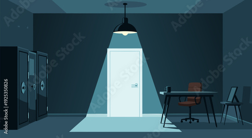 Mysterious Room with Glowing Door, Desk, and Lockers A Vector Illustration