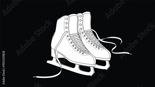Elegant white line art illustration of a pair of classic figure skates with long laces, isolated on a solid black background.