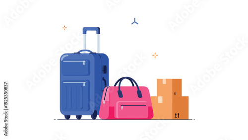 Collection of luggage for travel or moving, including a blue rolling suitcase, a pink duffel bag, and stacked cardboard boxes.