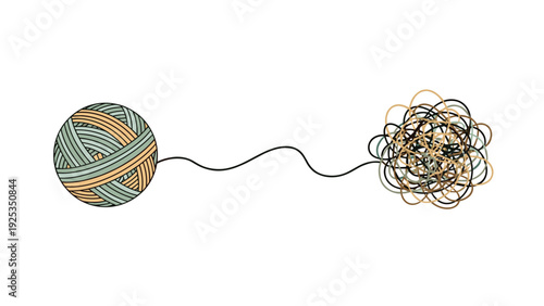 Conceptual illustration showing a neat ball of yarn smoothly unraveling into a complex and chaotic tangle, representing order versus chaos.