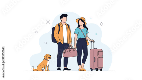 Young couple standing with their luggage and a cute golden retriever dog, ready to embark on a pet-friendly vacation or travel adventure.