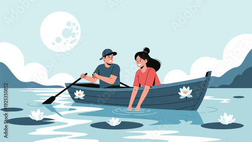 Romantic couple enjoying a peaceful boat ride on a serene lake with water lilies, illuminated by the gentle light of the full moon.