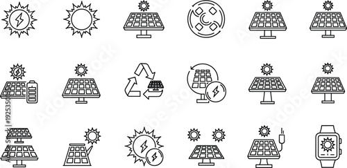 Solar energy outline vector icon set, photovoltaic panel symbols, renewable electricity battery graphics, eco power system, minimal line ui pack