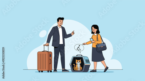 Man and woman traveling with their pet cat safely secured in a carrier, illustrating the concept of pet-friendly travel and transport.