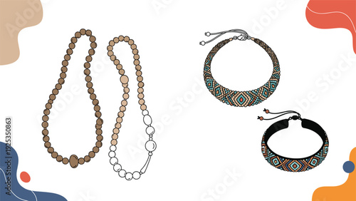 Set of hand-drawn boho style jewelry, including beaded necklaces and woven friendship bracelets, with ethnic patterns and earthy tones.
