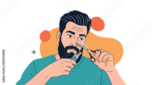 Bearded man focused on his personal grooming routine, using small scissors to trim his nose hair while holding an electric trimmer.