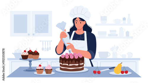 Professional female pastry chef decorating a chocolate layer cake with pink frosting roses using a piping bag in a bakery kitchen.