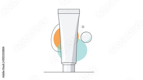 Minimalist line art illustration of a blank white cosmetic tube for cream or lotion, with abstract colorful shapes in the background.