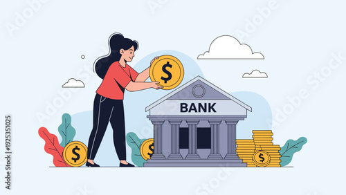 Young woman putting a large gold coin into a bank building, illustrating the concept of saving money, making deposits, and investing.