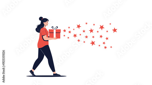Woman walking and carrying a large red gift box that is leaving a magical trail of red stars, symbolizing a special delivery or surprise.
