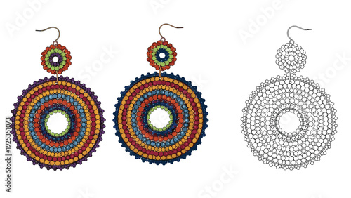 Pair of large, circular beaded earrings with a colorful concentric pattern, shown in a vibrant version and as a black and white outline.