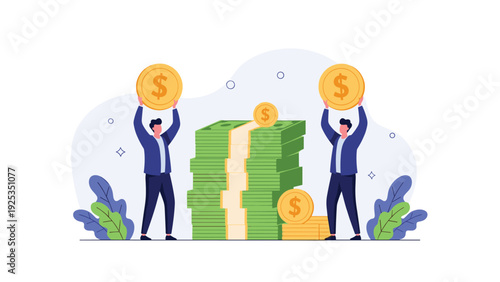 Two successful businessmen in suits standing next to a large stack of money, holding up giant gold coins to celebrate their earnings.