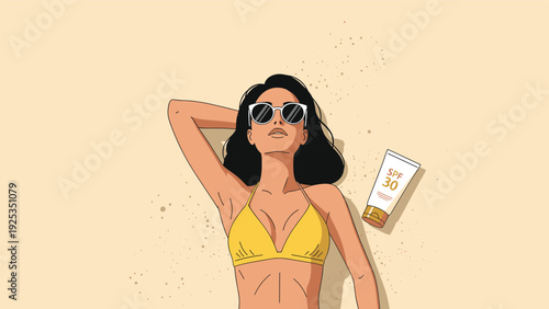Top-down view of a woman in a yellow bikini and sunglasses sunbathing on a sandy beach, with a bottle of SPF 30 sunscreen nearby.