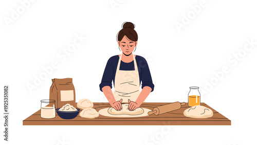 Woman in an apron kneading dough on a wooden kitchen counter, surrounded by ingredients like flour, milk, and oil for homemade baking.