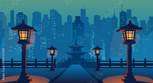 Beautiful Japanese Garden Gate illustration with city skyline background in vector art