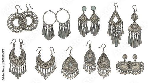 Collection of beautiful hand-drawn bohemian style earrings with intricate details, tassels, and beads, isolated on a white background.