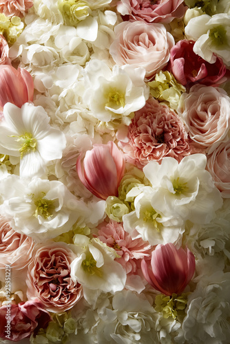 Floral background with various delicate blossoms creating a romantic and elegant spring texture