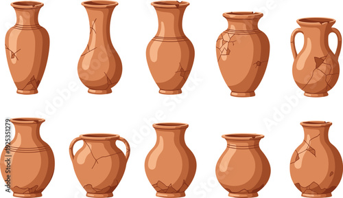 Ancient Clay Pottery Vase Vector Collection Traditional Ceramic Amphora and Earthenware Containers for Archaeology History and Rustic Decor Design.