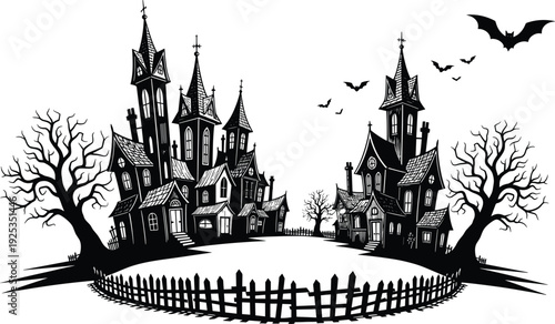 Haunted Halloween village silhouette vector illustration, gothic house artwork with bats and trees, decorative graphics, spooky seasonal motifsHaunted Halloween village 