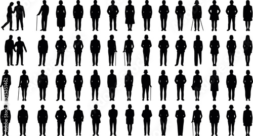 Black human silhouette icon set, diverse people figures, male and female forms, elderly, disabled, interaction, assistance, demographic representation illustration