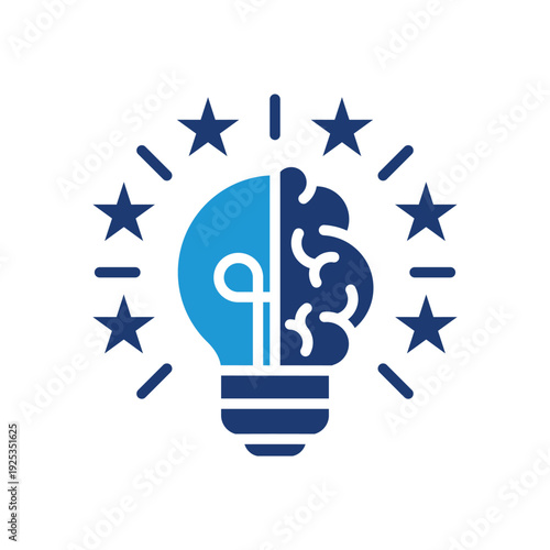 blue light bulb with brain and stars