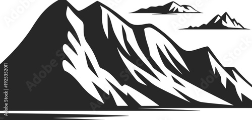 Mountain range silhouette vector illustration set, outdoor icons with snow peaks, stylish artwork, decorative graphics, adventure motifs