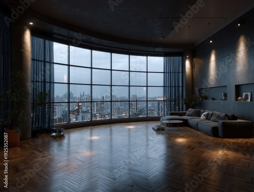 A large room with a window overlooking a city