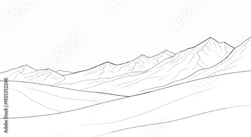 Minimalist line drawing of distant, craggy mountain peaks under a clear sky