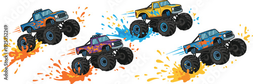 Monster truck cartoon icons with colorful flames and lightning motion effects for motorsport and children’s theme - vector illustration set