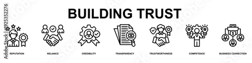 Building Tust Banner Web Icon Vector Illustration Concept for Business with Icons of Reputation, Reliance,Credibility, Transparency, Trustworthiness, competence and Business Connection