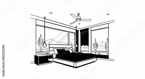 Modern bedroom with desert view, featuring a bed, nightstand, and ceiling fan
