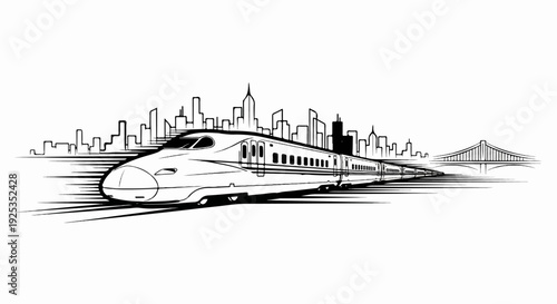 A sleek train speeds past a stylized cityscape and bridge