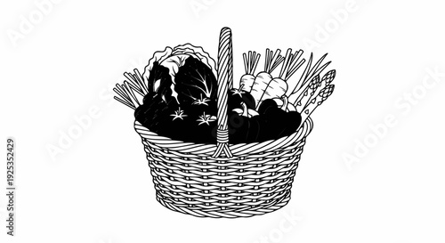 A woven basket overflows with fresh vegetables including cabbage, carrots, and asparagus