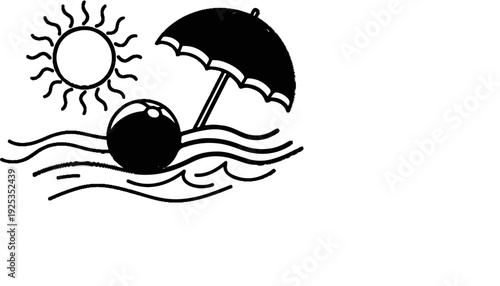 A sunny beach scene with an umbrella, ball, and ocean waves