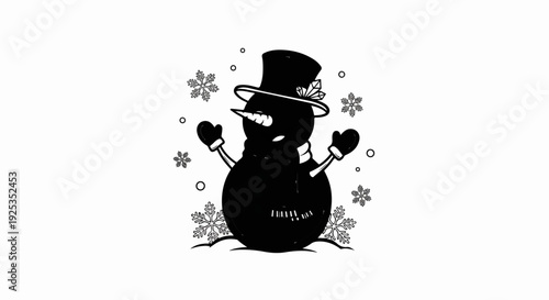 A black silhouette snowman with a top hat, scarf, mittens, and carrot nose