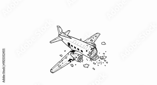 A black and white sketch of a destroyed airplane, broken and scattered