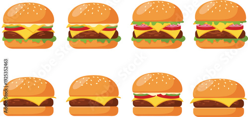 Cheeseburger Fast Food Vector Collection Tasty Hamburger with Different Filling Layers for Restaurant Menu and Street Food Design.