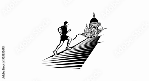 Silhouette of runner ascending steps towards a domed structure