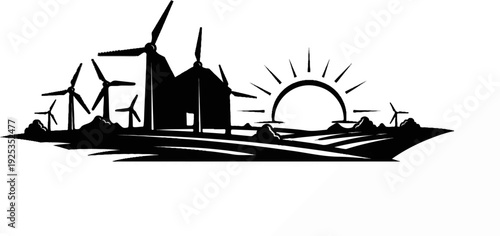Silhouette of wind turbines and a sunrise over rolling hills