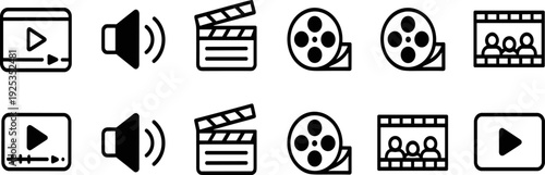 Black multimedia and film icon set, video player, clapperboard, film reel, speaker, play button, movie symbols, digital media illustration